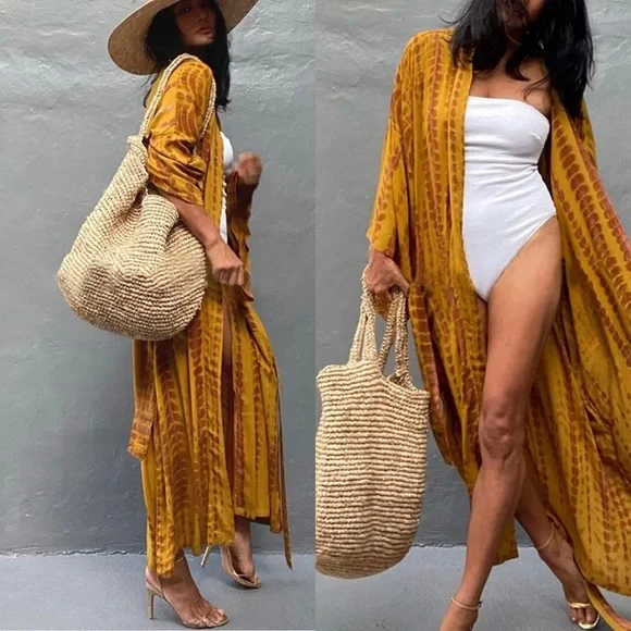 - New MUSTARD & CRAN Boho Tie Dye Kimono Maxi Beach open front long COVERUP *NEW